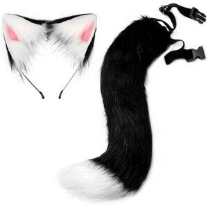 🆕 Halloween Black Faux Fur Cat Fox Ears Headband Wolf Tail Party Costume Adult